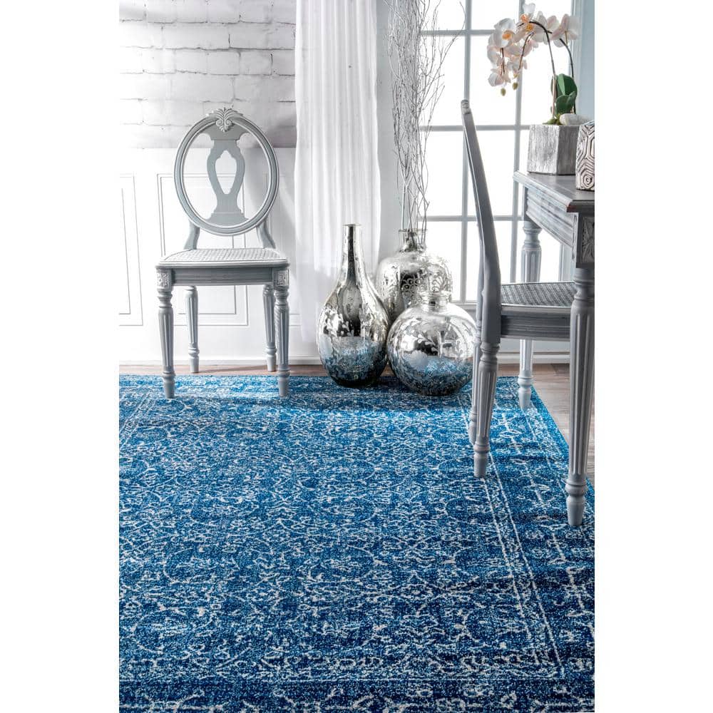 Vintage Dark Blue Round Synthetic Area Rug, 5'