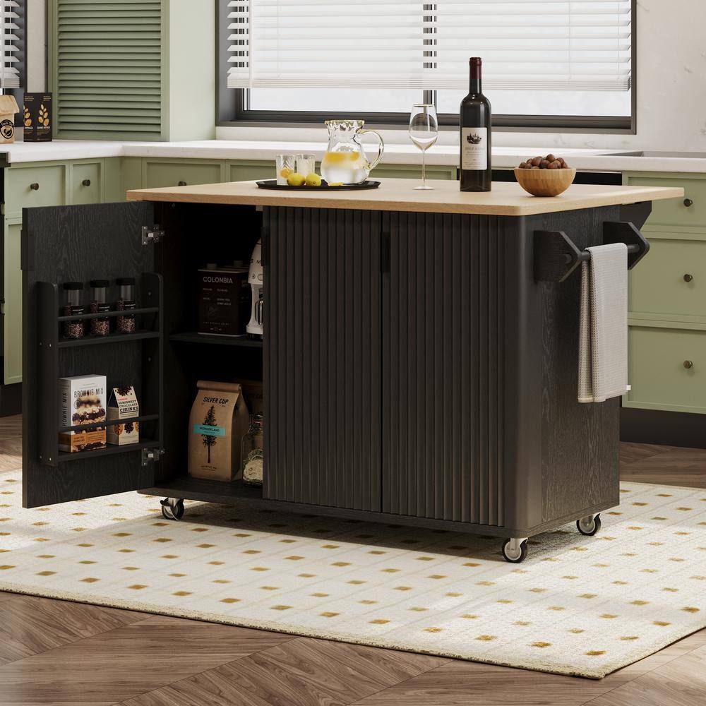 Black Wood Top 51.3 in. Fluted Kitchen Island with Drop Leaf, Internal Stor