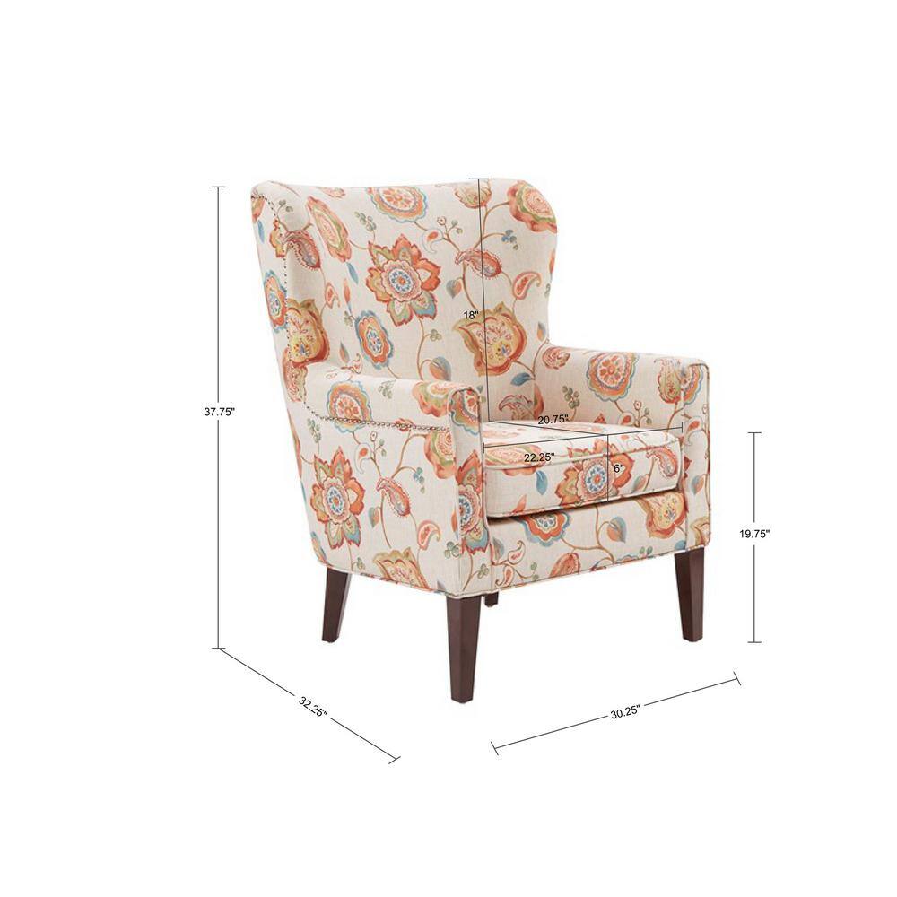 Floral Cream Wingback Accent Chair with Wood Legs