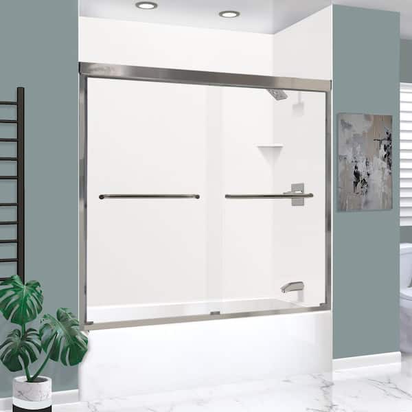 Expressions 60 in. x 32 in. x 72 in. Rectangular Tub/ Shower Combo Unit with Clear Glass Door Right Drain Stainless