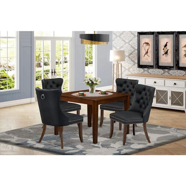East West Furniture 5-Piece Antique Walnut Finish Solid Wood Top - Square Upholstered Dining Room Set - Seats 4
