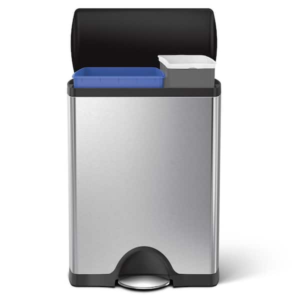 simplehuman 46-Liter Brushed Stainless Steel Rectangular Recycling Step-On Trash Can with Black Plastic Lid