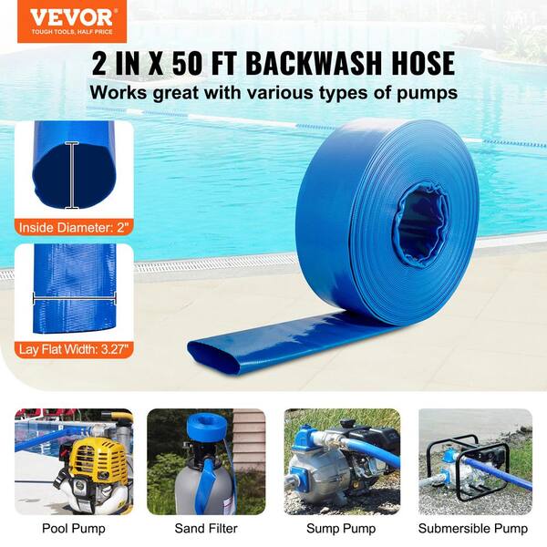 VEVOR Backwash Hose 50 ft. x 2 in. PVC Flat Discharge Hose with