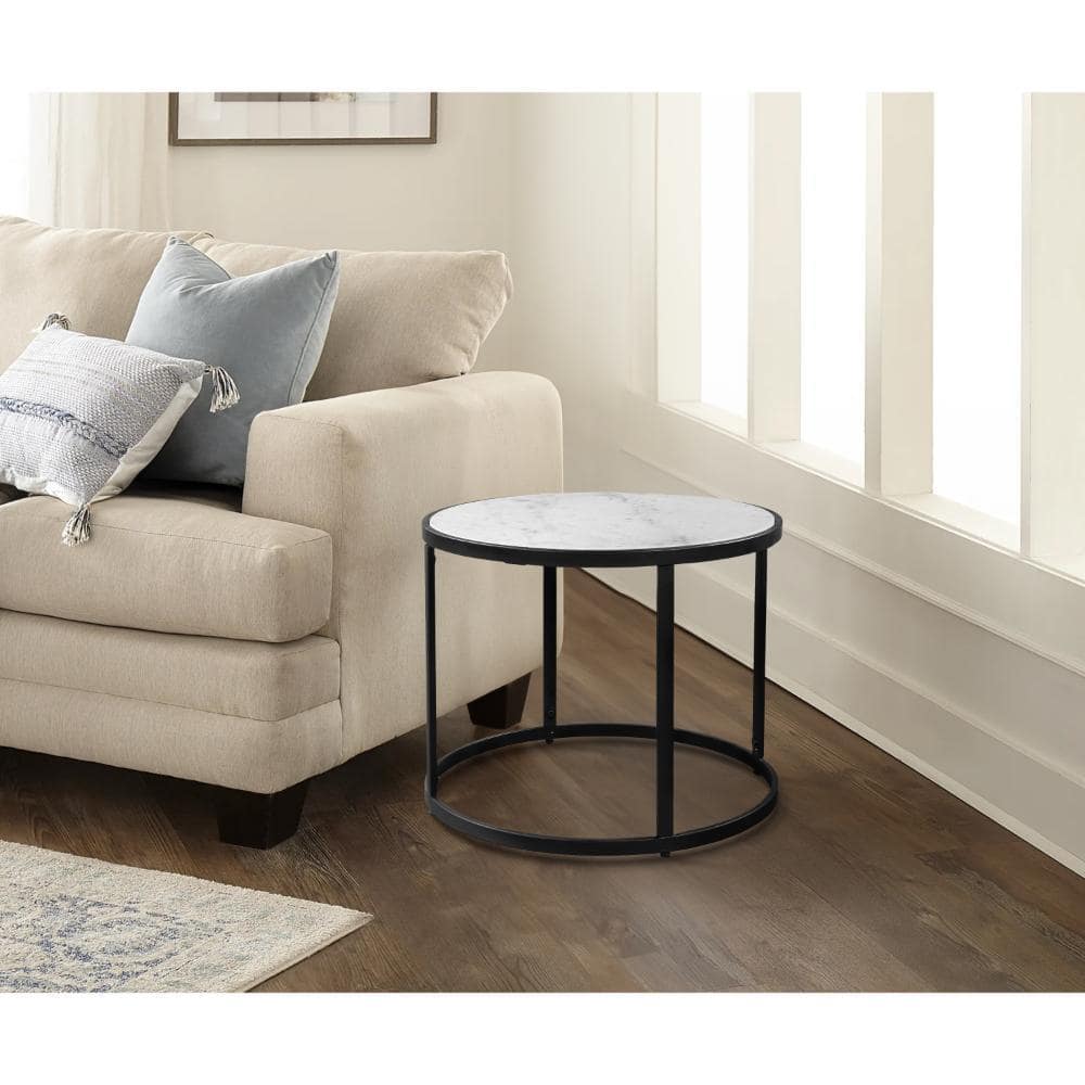 23 in. Black and White Round Marble Side End Table with Convenient Floor Levelers - thumbnail 2