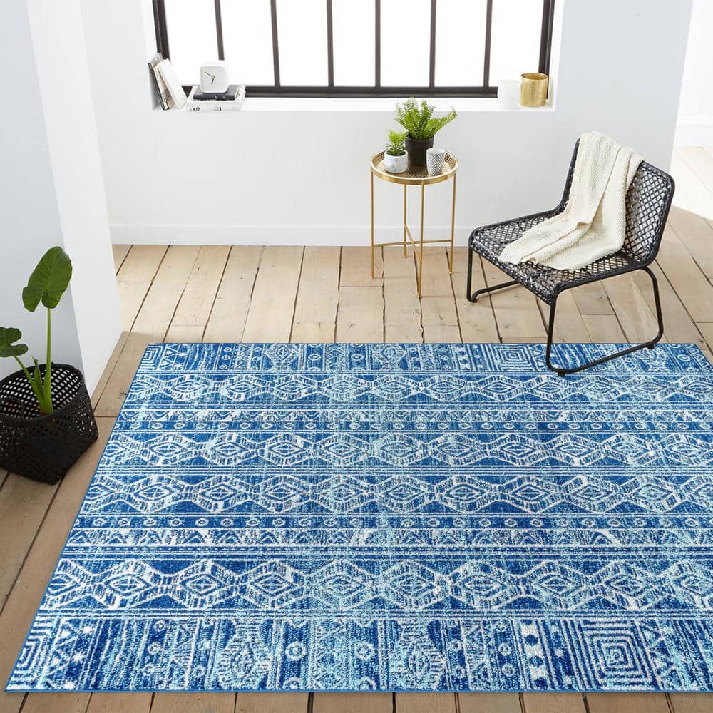 Blue and Gray Synthetic 8' x 10' Moroccan Pattern Area Rug