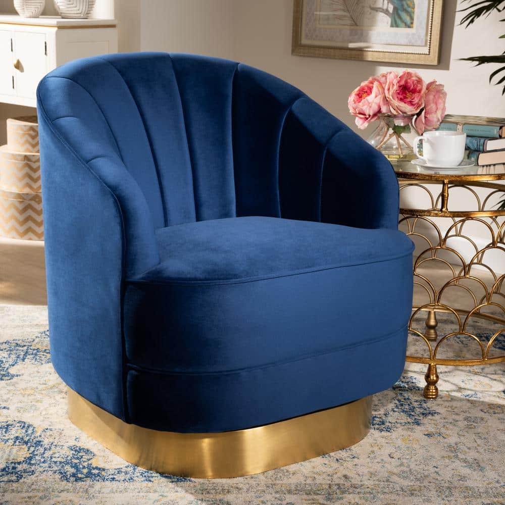 Royal Blue Velvet Barrel Swivel Accent Chair with Brushed Gold Base