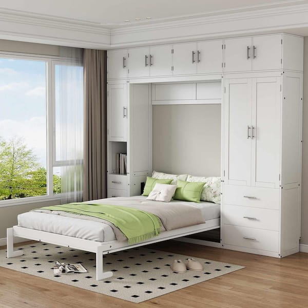 White Wood Frame Full Size Murphy Bed with Lockers and Wardrobes