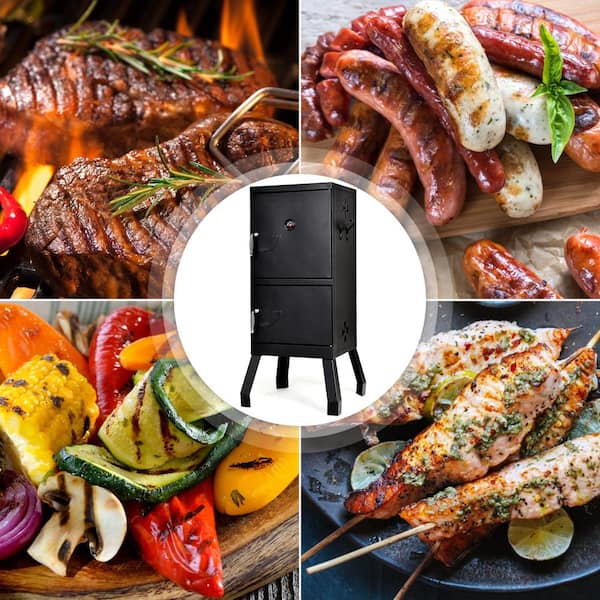 Vertical Charcoal Smoker BBQ Barbecue Grill with Temperature Gauge Outdoor  Black