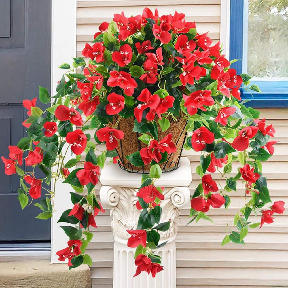 10 in. Red Artificial Bougainvillea Silk Vine Flowers Hanging Basket