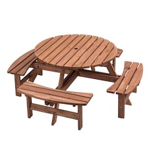 8-Person Circular Outdoor Wooden Picnic Table Patio, Backyard, Garden, DIY with 4-Built-in Benches, 2200 lbs. Capacity