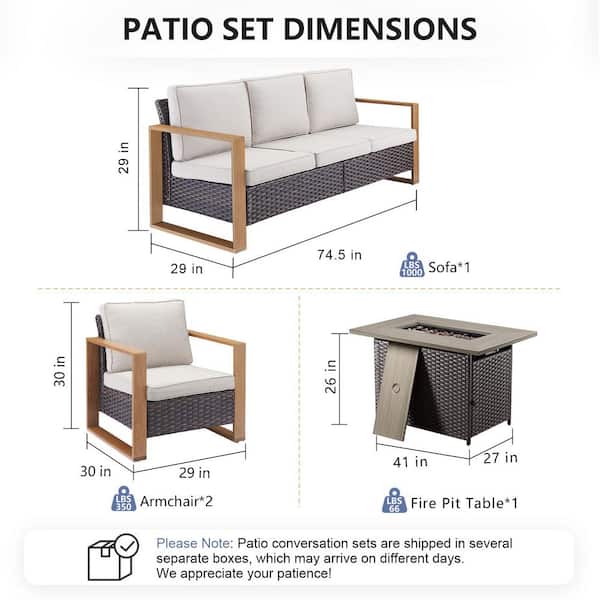 Cube Edge 4-Piece Brown Wicker Fire Pit Conversation Set with Olefin Beige Cushions and Couch/ Patio Lounge Chairs