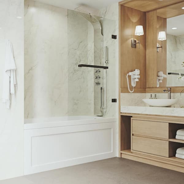 VIGO Rialto 34 in. W x 57 in. H Pivot Frameless Tub Door in Antique Rubbed Bronze with 5/16 in. (8mm) Clear Glass