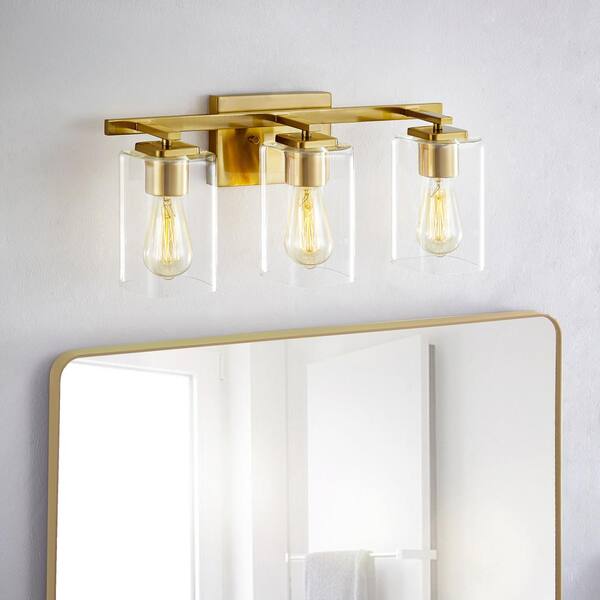 KAWOTI 20.75 in. 3-Light Gold Bathroom Vanity Light with Square Glass ...