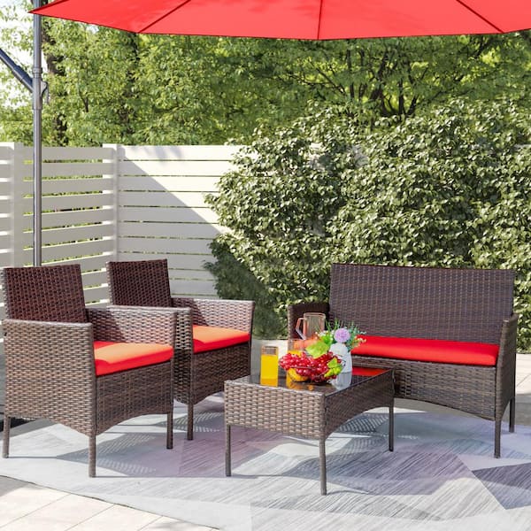 Tozey Brown 4-Pieces Wicker Outdoor Patio Conversation Furniture Sets Rattan Chair Wicker Set with Red Cushion