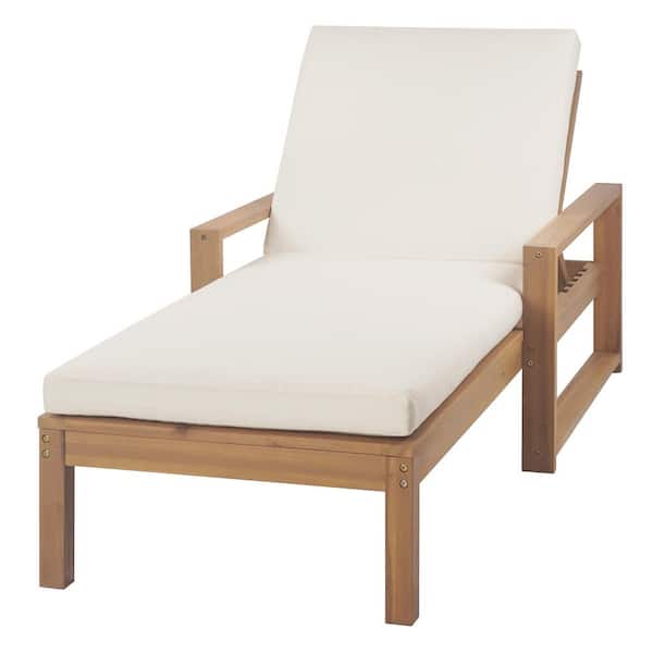 Light Teak Acacia Wood Outdoor Lounge Chair with Beige Cushion, 5