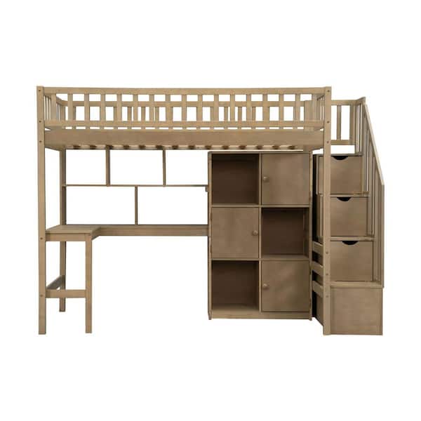 Walnut Twin Loft Bunk Bed with Built-in Desk, LED Light, Storage Shelves and Staircase