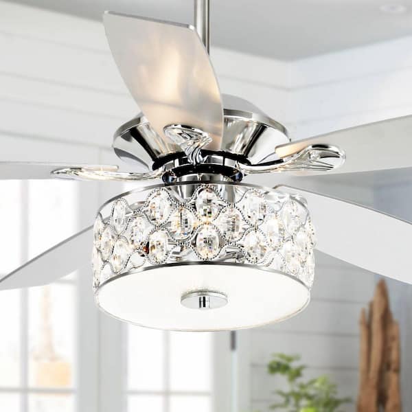 Huber 52 in. Indoor Chrome Downrod Mount Crystal Ceiling Fan with Light Kit and Remote Control