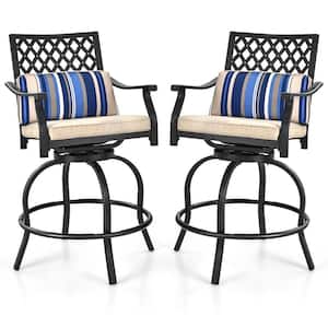 Swivel Metal Outdoor Bar Stool with Soft Beige Cushion (2-Pack)