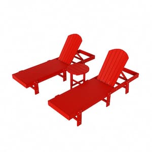 Altura 3-Piece Outdoor Patio Classic Adjustable Adirondack Backrest Chaise Lounge and 18 in. Round Side Table Set, Red