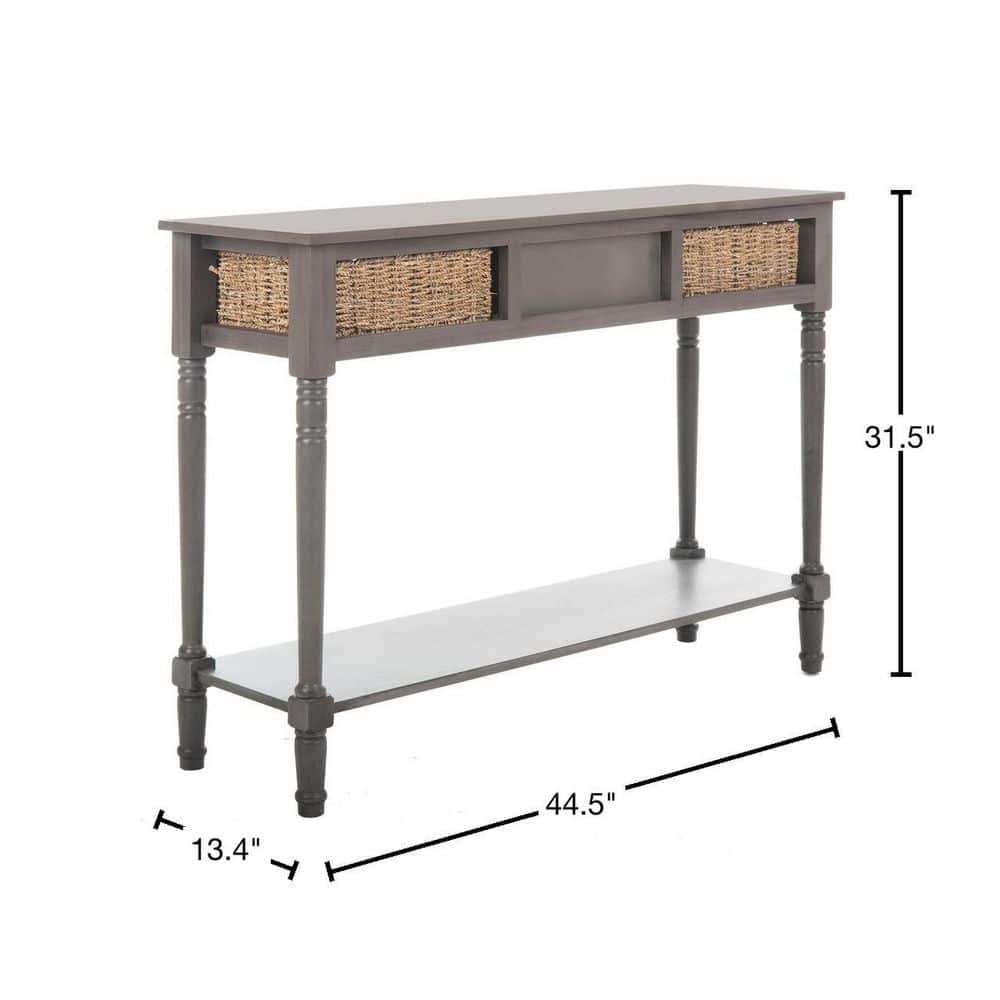 Gray Transitional Wood Console Table with Wicker Storage