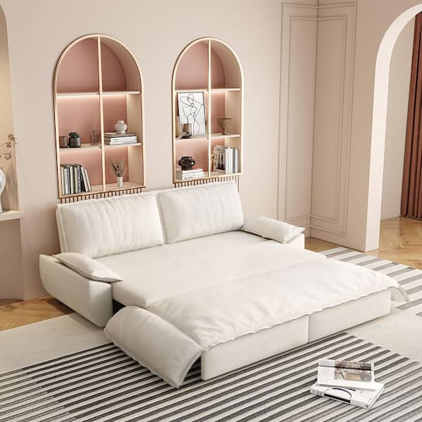 Modern 73.2 in. Beige and White Pillow Top Arms Corduroy Upholstery Queen Size Pull Out Sofa Bed