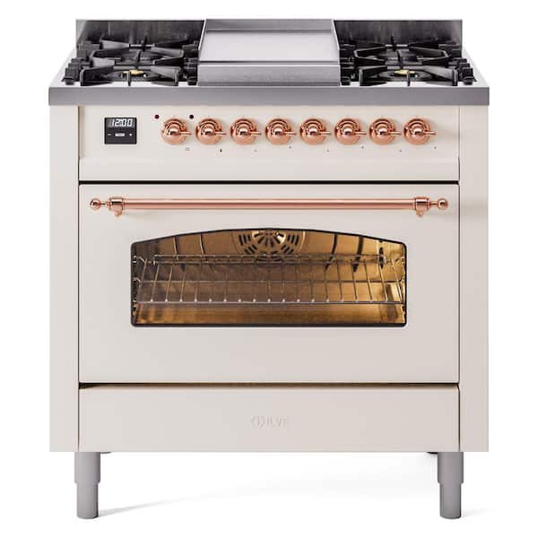 ILVE Nostalgie II 36 in. 6 Burner plus Griddle Freestanding Dual Fuel Natural Gas Range in Antique White with Copper Trim