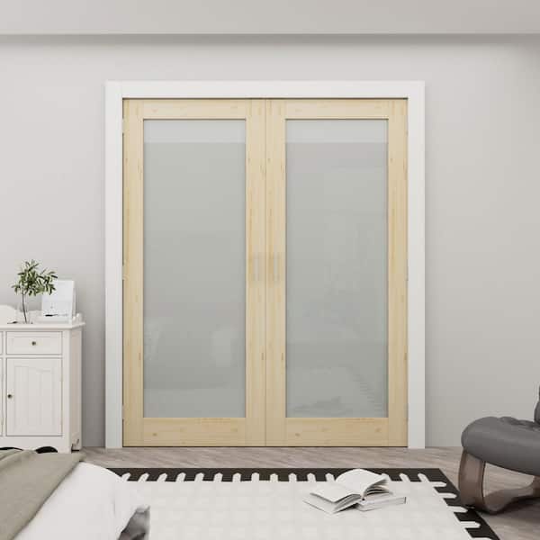 64 in. x 80 in. 1-Lite Frosted Glass Unfinished Pine French Door Panels without Jamb Double Door Slab with Ball Catch