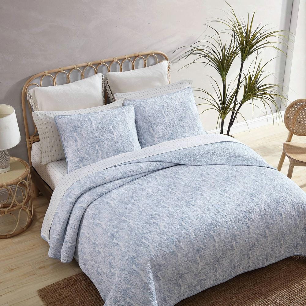 King Size Blue Cotton Reversible Quilt Set with Shams