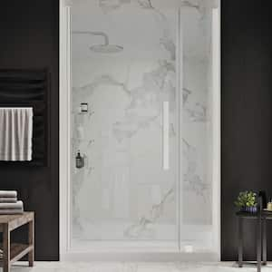 Pasadena 36 in. L x 32 in. W x 75 in. H Alcove Shower Kit w/Pivot Frameless Shower Door in SN w/ Shelves and Shower Pan