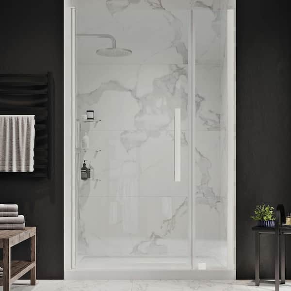 OVE Decors Pasadena 40 in. L x 32 in. W x 75 in. H Alcove Shower Kit w/Pivot Frameless Shower Door in SN w/ Shelves and Shower Pan