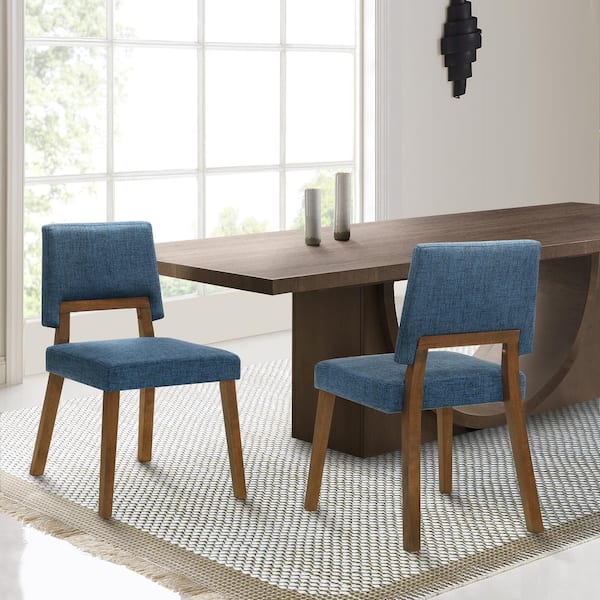 Channell Blue Fabric Upholstered Wood Armless Dining Chair Set of 2 with Open Back