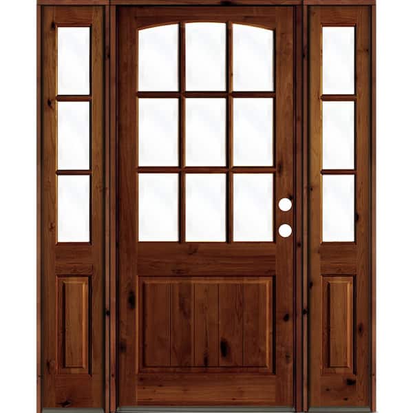 Krosswood Doors 70 in. x 96 in. Knotty Alder Left-Hand/Inswing 9-Lite Clear Glass Red Chestnut Stain Wood Prehung Front Door/Sidelites