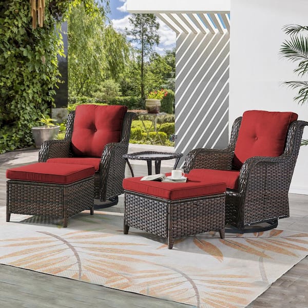 Gymojoy Carolina Brown 5-Piece Wicker Patio Conversation Set with Red ...