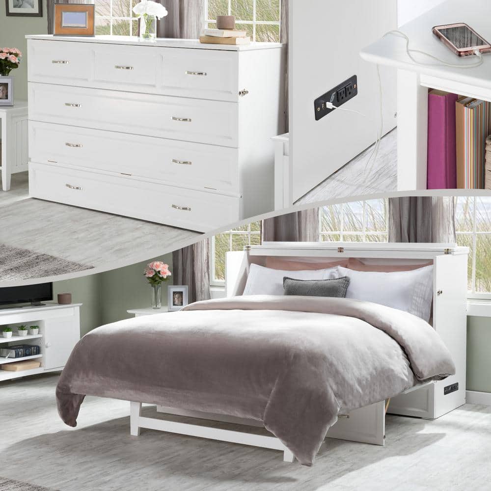 White Coastal Queen Murphy Bed Chest with Charging Station