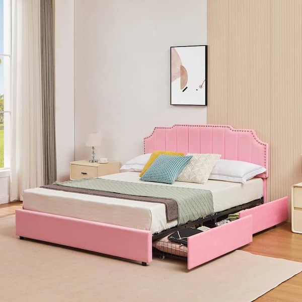 Queen Metal Platform Bed Frame with 4 Storage Drawers and Upholstered Headboard, Pink