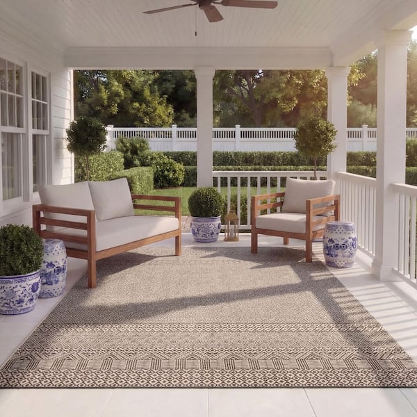 Courtyard Beige/Black 8 ft. x 11 ft. Geometric Indoor/Outdoor Patio Area Rug