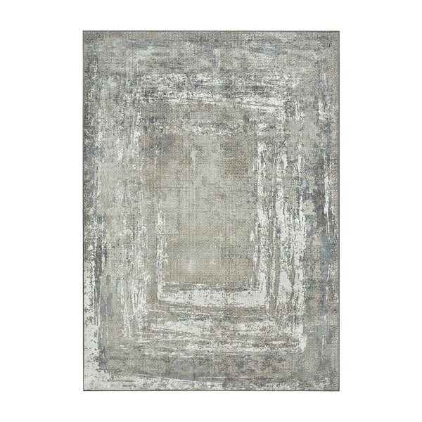 Amaya Bordered Abstract Greige Washable Rug 5 ft. x 7 ft. Area Rug