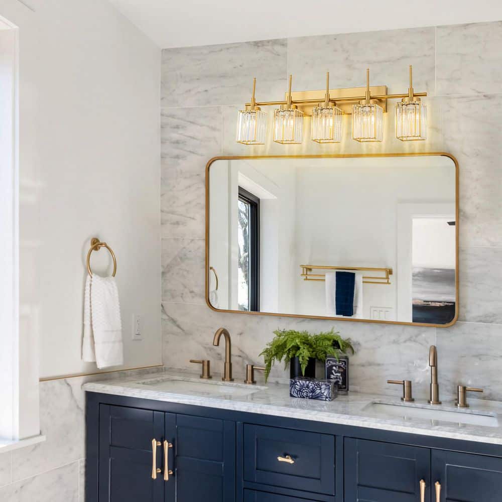 ZYZWMB 34.6 in. 5-Light Brushed Gold Square Crystal Bathroom