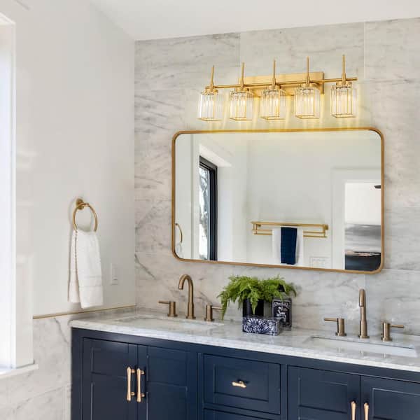 Kira 34.6 in. 5-Light Brushed Gold Square Crystal Bathroom Vanity Light