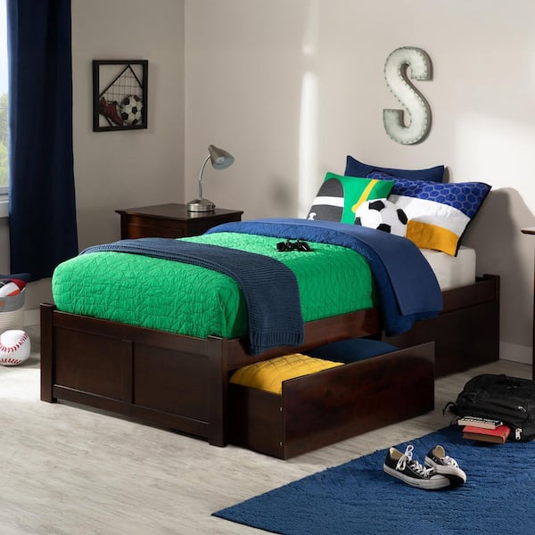 Concord Walnut Twin XL Platform Bed with Flat Panel Foot Board and 2-Urban Bed Drawers