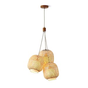 FOS - 3-Light 60 Watt Bohemian Pendant Light with Woven Bamboo Shade and Brushed Brass Accents