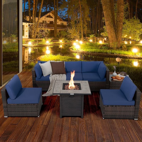 7-Piece Wicker Patio Conversation Set 30 in. Fire Pit Table Cover Rattan Sofa with Navy Cushions