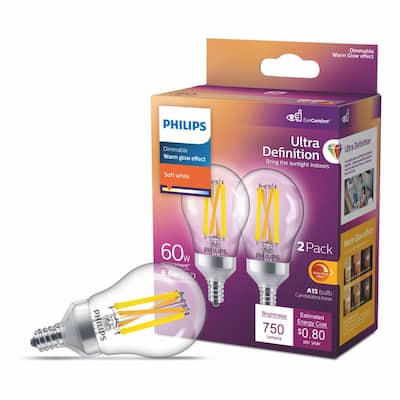 60-Watt Equivalent A15 Ultra Definition Dimmable Clear Glass E12 LED Light Bulb Soft White with Warm Glow 2700K (2-Pack)