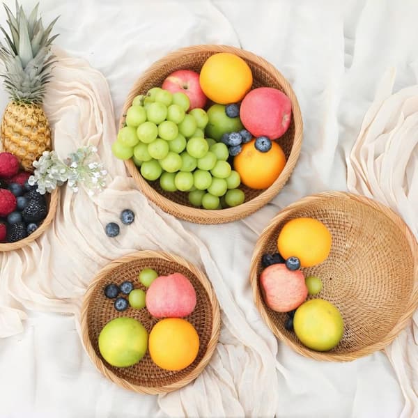 9.1 in. Handmade Rattan Bread Baskets Round Wicker Fruit Serving Storage Bowls for Kitchen Counter Organizer, Natural