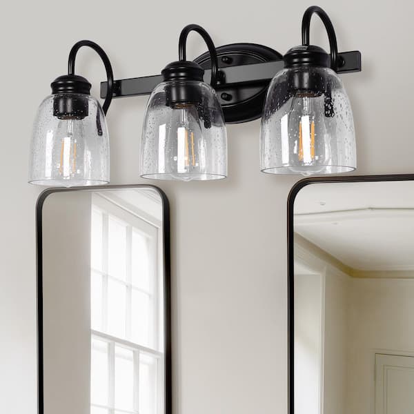 19 in. 3-Light Matte Black Farmhouse Vanity Light with Clear Cone Glass Shade, Dimmable for Bathroom, Vanity, or Mirror