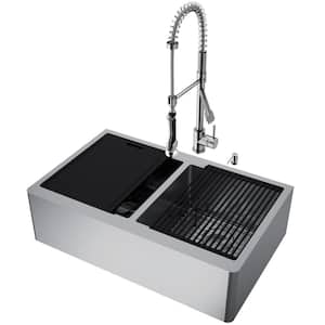 Oxford 33" Double Bowl Workstation Undermount Stainless Steel Farmhouse Sink with Ledge and Faucet with Accessories