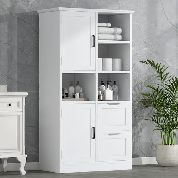 Cesicia 31 in. W x 16 in. D x 62 in. H White MDF Freestanding Linen Cabinet with Doors and Adjustable Shelf