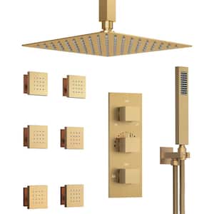 Anti Scald Shower Trims and Valve 5-Spray Ceiling Mount 12 in. Fixed and Handheld Shower Head 2.5 GPM in Brushed Gold