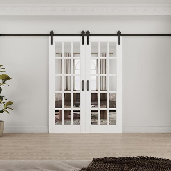 64 in. x 80 in. 15 Lite Tempered Clear Glass White Primed MDF Composite Sliding Barn Door with Hardware Kit