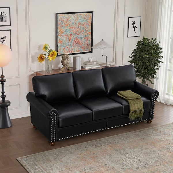 Torwyn French 82.68 in. Rolled Arm Nailheads Faux Leather Upholstered Rectangle 3-Seats Storage Sofa in Black